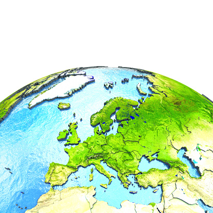 Europe on 3D model of planet Earth with watery ocean and visible country borders. 3D illustration. 3D model of planet created and rendered in Cheetah3D software, 9 Mar 2017. Some layers of planet surface use textures furnished by NASA, Blue Marble collection: http://visibleearth.nasa.gov/view_cat.php?categoryID=1484
