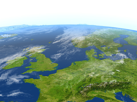Western Europe. 3D illustration with detailed planet surface. 3D model of planet created and rendered in Cheetah3D software, 9 Mar 2017. Some layers of planet surface use textures furnished by NASA, Blue Marble collection: http://visibleearth.nasa.gov/view_cat.php?categoryID=1484