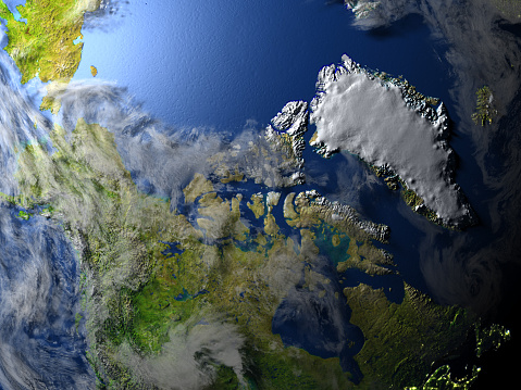 Northern Canada and Greenland. 3D illustration with detailed planet surface and visible city lights. 3D model of planet created and rendered in Cheetah3D software, 9 Mar 2017. Some layers of planet surface use textures furnished by NASA, Blue Marble collection: http://visibleearth.nasa.gov/view_cat.php?categoryID=1484