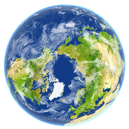 Arctic Ocean. 3D illustration with detailed planet surface. 3D model of planet created and rendered in Cheetah3D software, 9 Mar 2017. Some layers of planet surface use textures furnished by NASA, Blue Marble collection: http://visibleearth.nasa.gov/view_cat.php?categoryID=1484