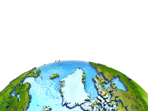 Greenland on 3D model of planet Earth with watery ocean and visible country borders. 3D illustration. Lot of space left blank for your copy. 3D model of planet created and rendered in Cheetah3D software, 9 Mar 2017. Some layers of planet surface use textures furnished by NASA, Blue Marble collection: http://visibleearth.nasa.gov/view_cat.php?categoryID=1484