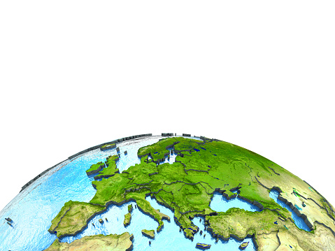 Europe on 3D model of planet Earth with watery ocean and visible country borders. 3D illustration. Lot of space left blank for your copy. 3D model of planet created and rendered in Cheetah3D software, 9 Mar 2017. Some layers of planet surface use textures furnished by NASA, Blue Marble collection: http://visibleearth.nasa.gov/view_cat.php?categoryID=1484
