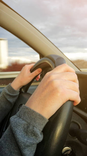 istock Female hands on car steering wheel driving vehicle 655649184