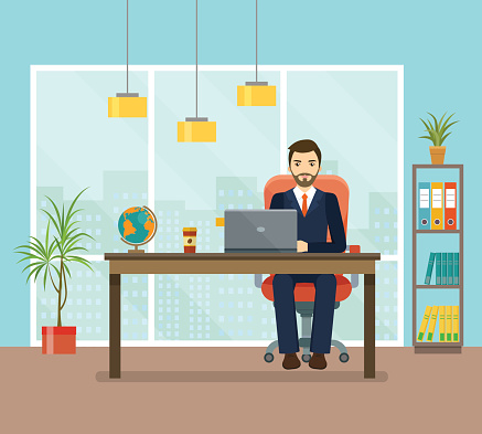 Office workplace with table, bookcase, window. Business man or a clerk working at her office desk. Flat vector illustration.