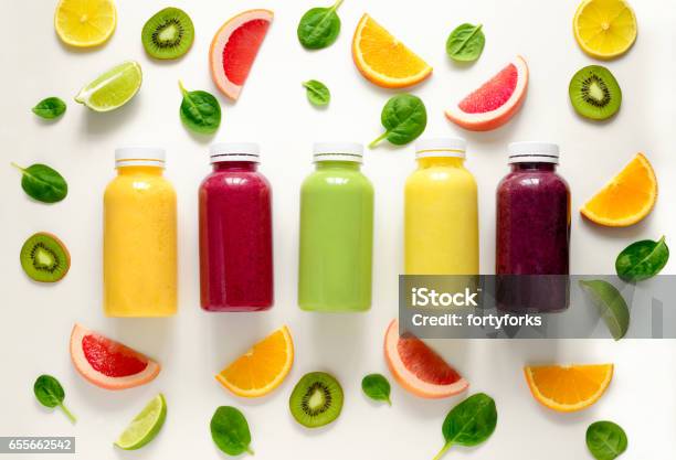Various Smoothies In Bottles Stock Photo - Download Image Now - Bottle, Juice - Drink, Smoothie