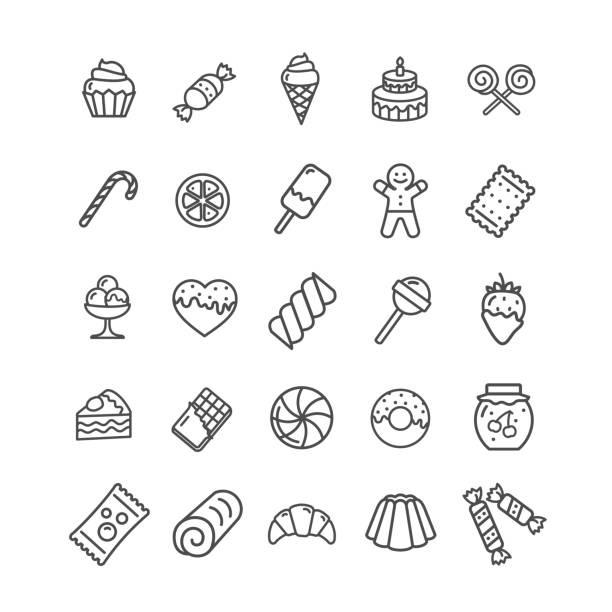 süßigkeiten und bäckerei symbolsatz schwarze dünne linie. vektor - muffin cupcake cake chocolate stock-grafiken, -clipart, -cartoons und -symbole