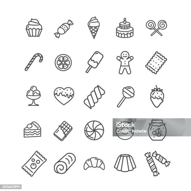 Sweets And Bakery Icon Black Thin Line Set Vector Stock Illustration - Download Image Now - Icon Symbol, Candy, Chocolate