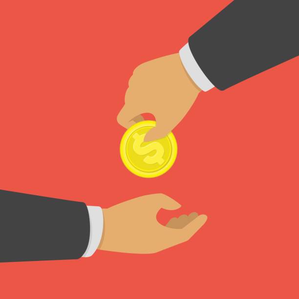 istock Businessman gives man a gold coin. 655664404