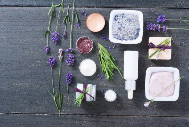 istock Beauty product samples with lavender on black 655667134