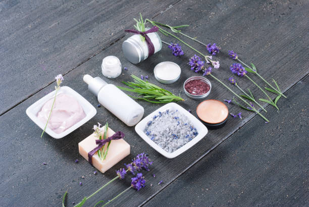 istock Beauty product samples with lavender on black 655671322
