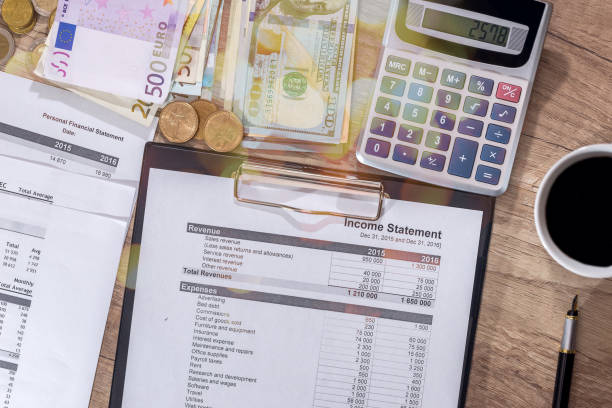 istock summary report with money, pen, calculator and cup of coffee. 655677648