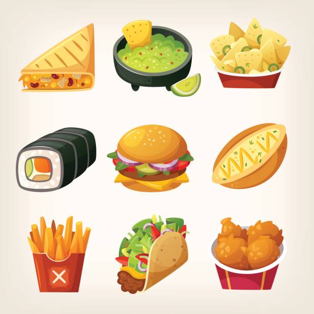 illustrazioni stock, clip art, cartoni animati e icone di tendenza di icone del fast food - fish cakes illustrations