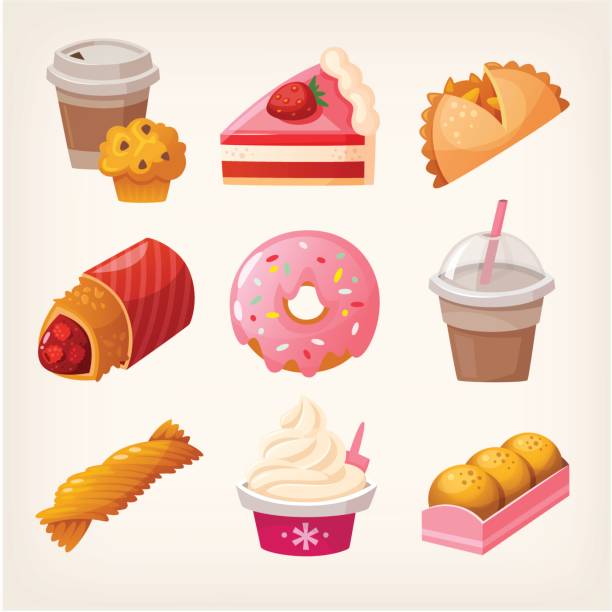 illustrazioni stock, clip art, cartoni animati e icone di tendenza di prodotti da dessert fast food. - coffee muffin take out food disposable cup