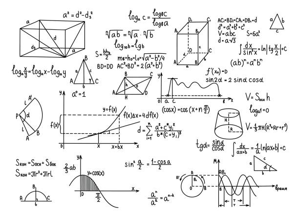 Hand drawn geometry formulas Science knowledge education. Hand drawn geometry formulas Science knowledge education trigonometry stock illustrations