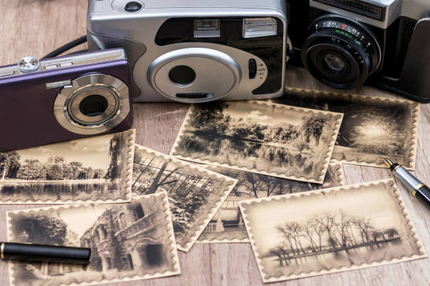 istock Old camera and photos with retro image. close up 655702490