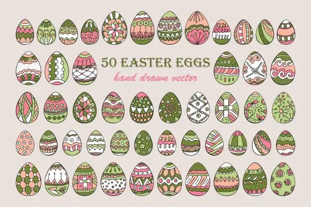 Vector illustration of Big vector Easter egg set. 50 Easter hand-drawn decorative ornate egg elements.