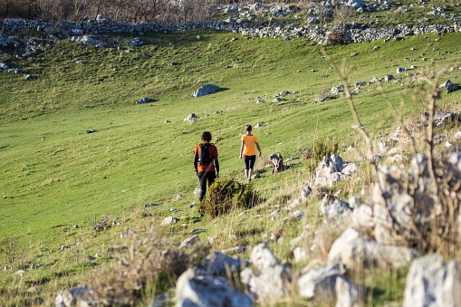 Two women in sports clothing hiking - crossing meadow with bush. Shot in National park Paklenica, a part of largest range Velebit, Croatia.