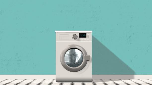 istock A front view of a modern Washing Machine in an empty room with a shiny tiled floor 655704898