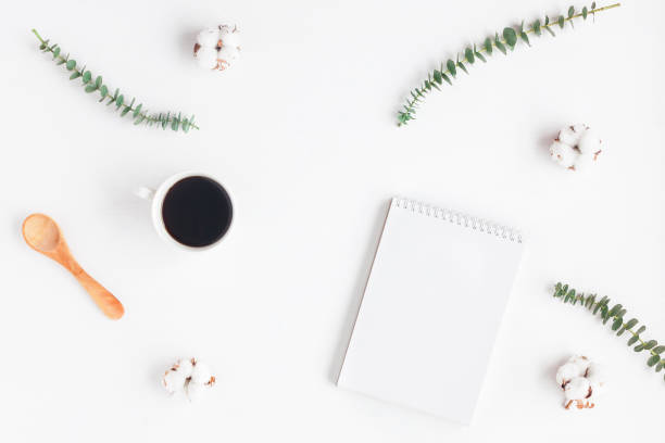 istock Workspace with cup of coffee, notebook, cotton flowers, eucalyptus branches 655718356