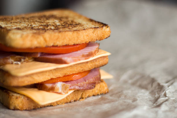 sandwich with cheese, tomato and smoked meat, rustic