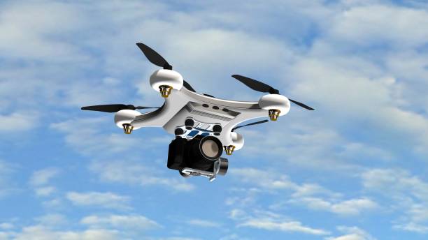 istock Drone Quadrocopter with professional camera hovering in the sky 655728632
