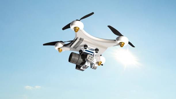 istock Drone Quadrocopter with professional camera hovering in the sky 655728878