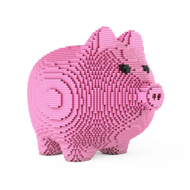 Piggy Bank in Pixel Art Style on a white background. 3d Rendering.