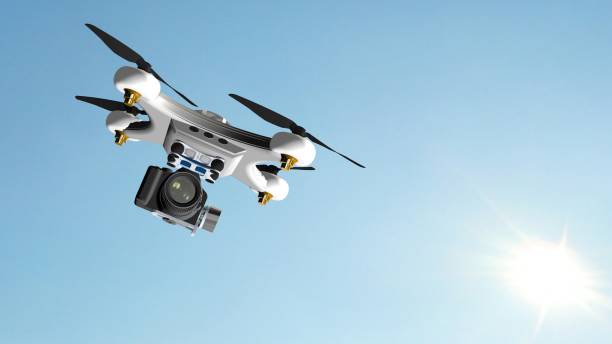 istock Drone Quadrocopter with professional camera hovering in the sky 655733600
