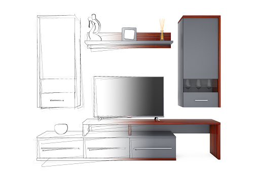From Sketches Hand Drawing Idea to Modern Living Room Wall Unit on a white background. 3d Rendering.