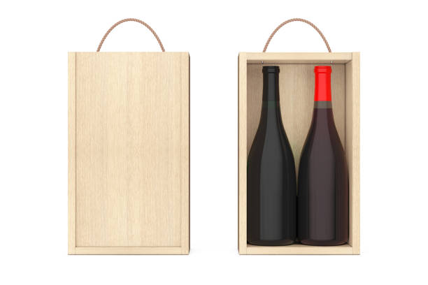 wine bottles in blank wooden wine pack with handle. 3d rendering - wine wine bottle box crate imagens e fotografias de stock