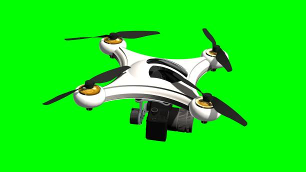 Drone Quadrocopter with professional camera hovering isolated on green screen