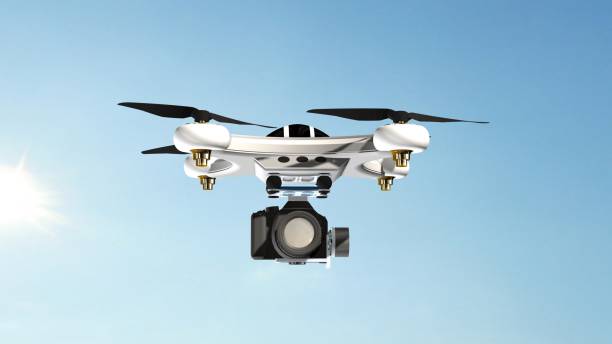 istock Drone Quadrocopter with professional camera hovering in the sky 655733870