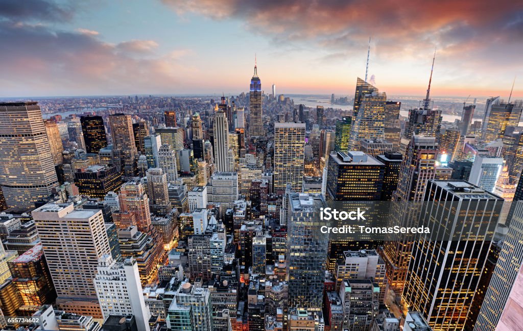 New York skyline at sunset, USA. Aerial View Stock Photo
