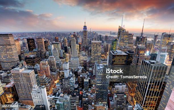 New York Skyline At Sunset Usa Stock Photo - Download Image Now - Aerial View, Architecture, Building Exterior