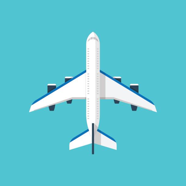 flugzeug-abbildung auf blauem hintergrund isoliert - flugzeugperspektive stock-grafiken, -clipart, -cartoons und -symbole