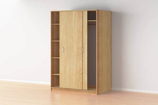 Empty wooden wardrobe with sliding doors in interior. 3d render