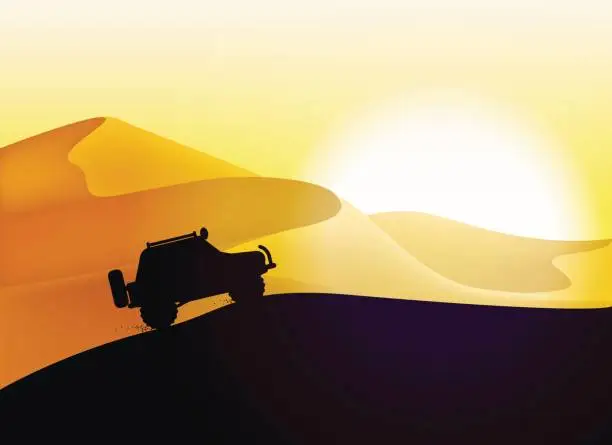 Vector illustration of Off road car and desert dunes sunset landscape.
