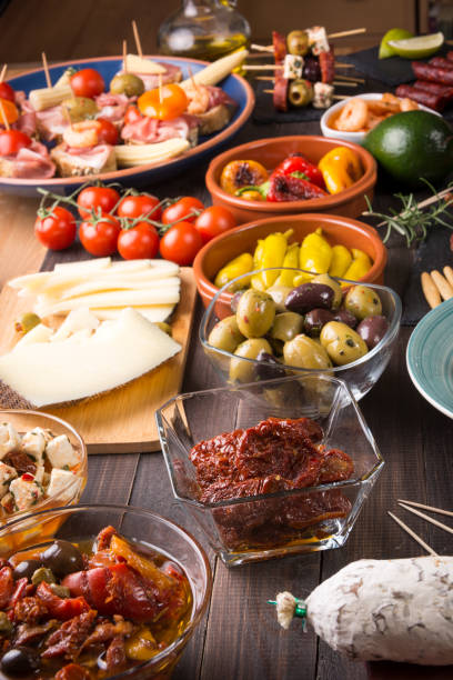 istock Spanish tapas appetizers on wooden table 655748374