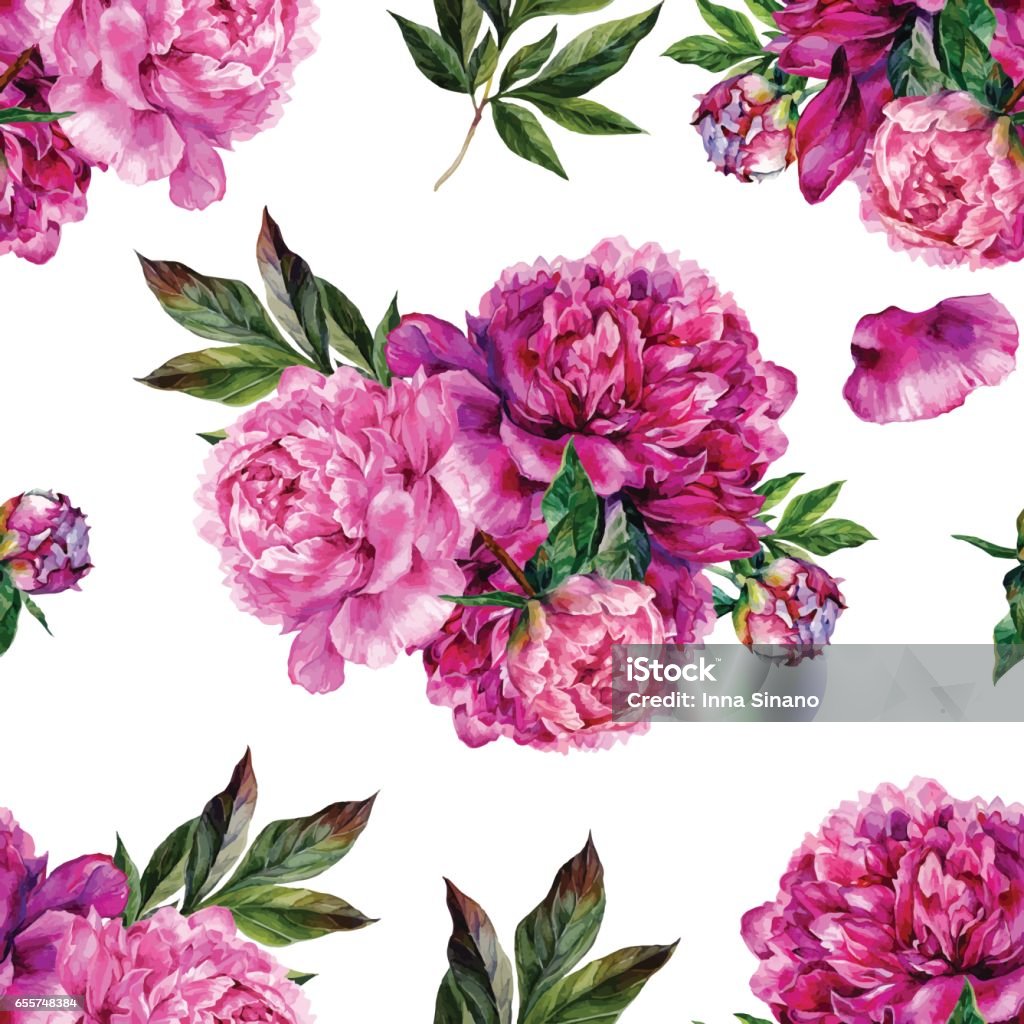 Hand drawn pink peonies bouquet seamless pattern Hand drawn pink peonies bouquet seamless pattern on white background. Realistic illustration in trendy vintage style. Peony stock vector