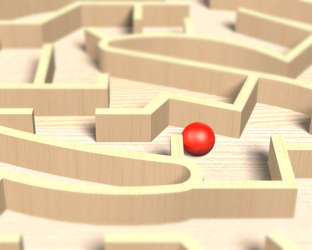 istock Red ball in wooden maze, 3D illustration 655758256