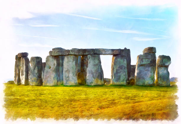 Stonehenge prehistoric monument in Wiltshire, England. Stonehenge watercolor painting