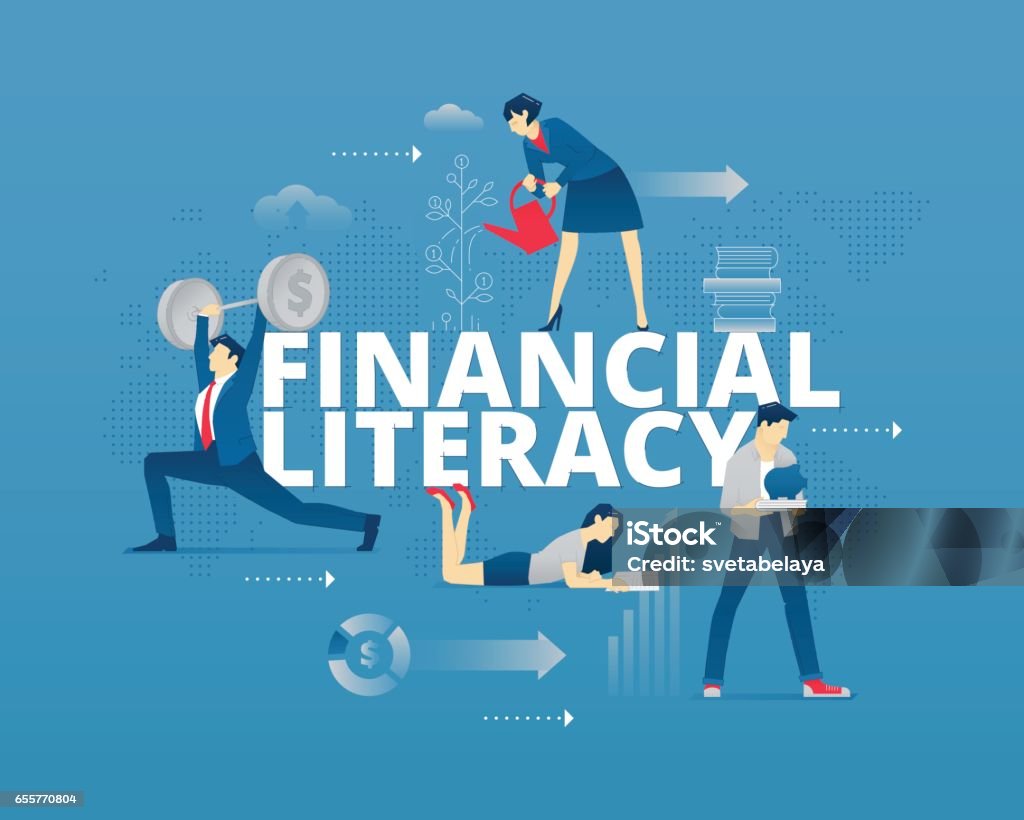 Financial literacy typographic poster Visual metaphor of modern financial education. Young men and women faceless characters in different movements around words FINANCIAL LITERACY. Vector illustration isolated on blue background Financial Literacy stock vector
