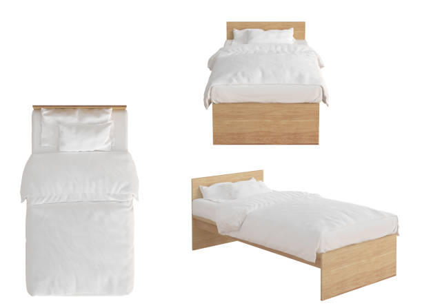 Twin size bed isolated Wooden twin size single bed with white linen isolated on white background. 3d render twin bed stock pictures, royalty-free photos & images