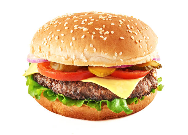 klassische cheeseburger - burger isolated lettuce tomato stock-fotos und bilder