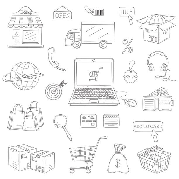 손으로 그린 전자 상거래 아이콘 세트의 벡터 세트 - laptop retail e commerce store stock illustrations