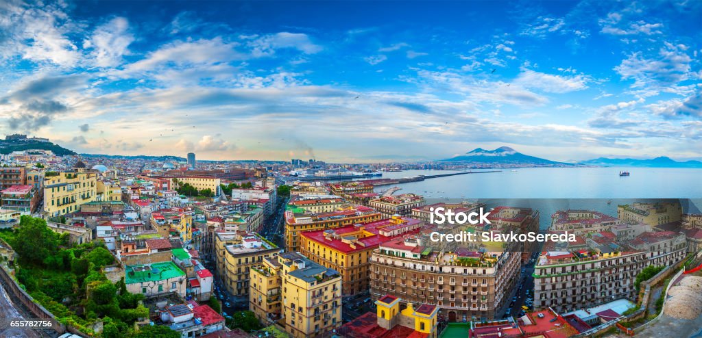 Panorama of Naples, view of the port in the Gulf of Naples and Mount Vesuvius. The province of Campania. Italy. Naples - Italy Stock Photo