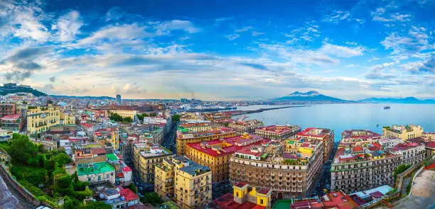 Panorama of Naples, view of the port in the Gulf of Naples and Mount Vesuvius. The province of Campania. Italy.