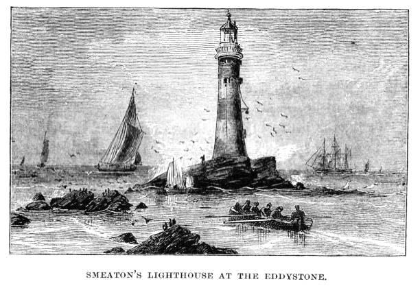 빅토리아 그림 smeaton의 등 대에 eddystone 바위 ramehead; 등 대와 항행 표지 1873입니다. - sailing ship flash stock illustrations