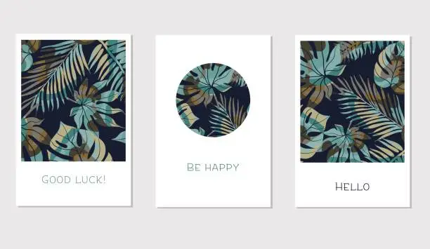 Vector illustration of Set of creative universal floral cards in tropical style