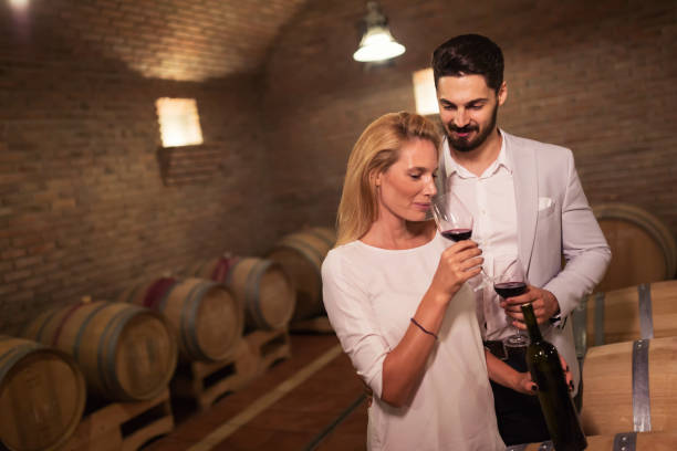 istock Wine loving couple tasting wines in winery cellar 655798184